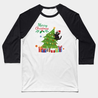 Cat Playing with Christmas Tree Baseball T-Shirt